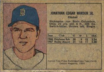 1968 Detroit Free Press Bubblegumless Detroit Tigers #NNO Jon Warden Back