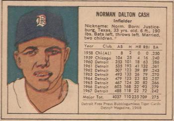1968 Detroit Free Press Bubblegumless Detroit Tigers #NNO Norm Cash Back