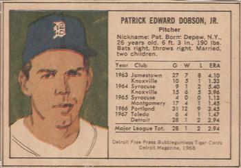 1968 Detroit Free Press Bubblegumless Detroit Tigers #NNO Pat Dobson Back