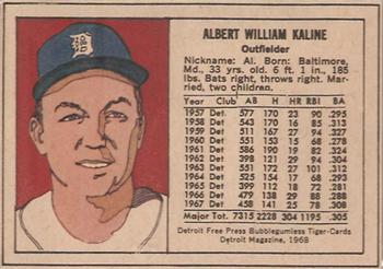 1968 Detroit Free Press Bubblegumless Detroit Tigers #NNO Al Kaline Back