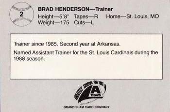 1988 Grand Slam Arkansas Travelers #2 Brad Henderson Back