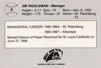 1988 Grand Slam Arkansas Travelers #4 Jim Riggleman Back