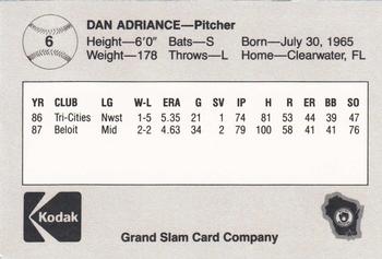 1988 Grand Slam Beloit Brewers #6 Dan Adriance Back