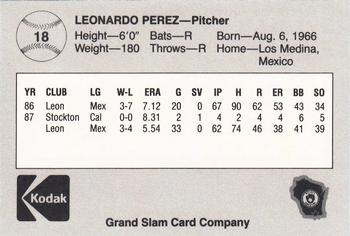 1988 Grand Slam Beloit Brewers #18 Leonardo Perez Back