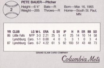 1988 Grand Slam Columbia Mets #2 Pete Bauer Back