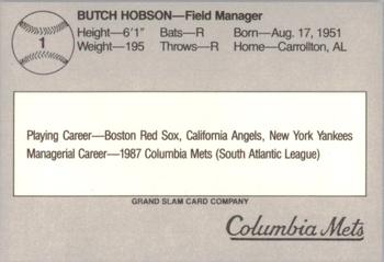 1988 Grand Slam Columbia Mets #1 Butch Hobson Back