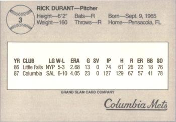 1988 Grand Slam Columbia Mets #3 Rick Durant Back