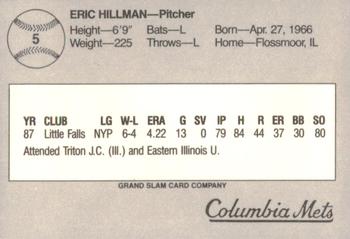 1988 Grand Slam Columbia Mets #5 Eric Hillman Back