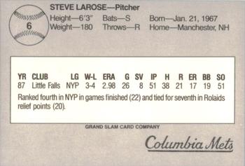 1988 Grand Slam Columbia Mets #6 Steve Larose Back