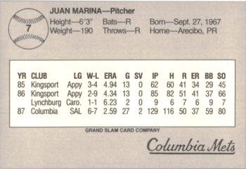 1988 Grand Slam Columbia Mets #7 Juan Marina Back
