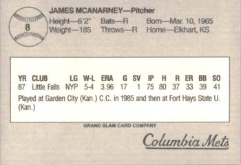 1988 Grand Slam Columbia Mets #8 James McAnarney Back