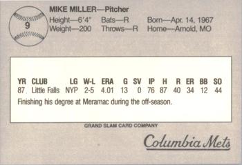 1988 Grand Slam Columbia Mets #9 Mike Miller Back