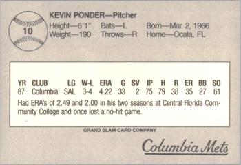 1988 Grand Slam Columbia Mets #10 Kevin Ponder Back