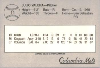 1988 Grand Slam Columbia Mets #11 Julio Valera Back