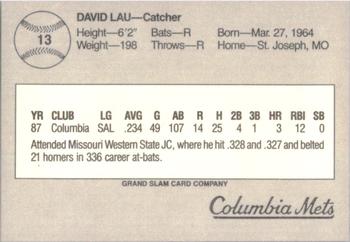 1988 Grand Slam Columbia Mets #13 David Lau Back