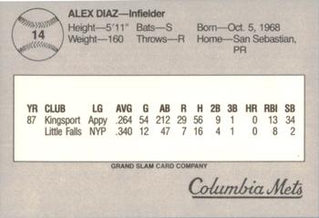 1988 Grand Slam Columbia Mets #14 Alex Diaz Back
