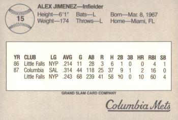 1988 Grand Slam Columbia Mets #15 Alex Jimenez Back