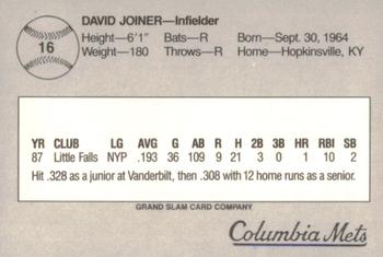 1988 Grand Slam Columbia Mets #16 David Joiner Back