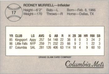 1988 Grand Slam Columbia Mets #17 Rodney Murrell Back