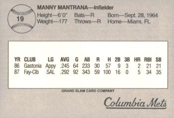 1988 Grand Slam Columbia Mets #19 Manny Mantrana Back
