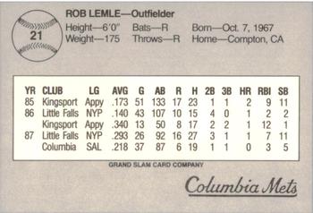 1988 Grand Slam Columbia Mets #21 Rob Lemle Back