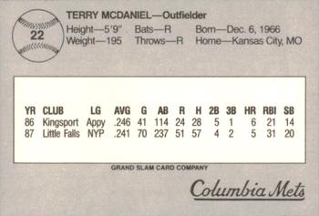 1988 Grand Slam Columbia Mets #22 Terry McDaniel Back