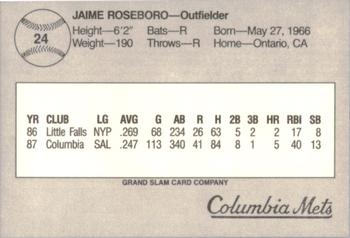 1988 Grand Slam Columbia Mets #24 Jaime Roseboro Back