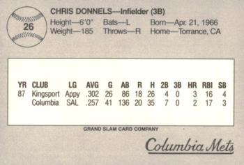 1988 Grand Slam Columbia Mets #26 Chris Donnels Back