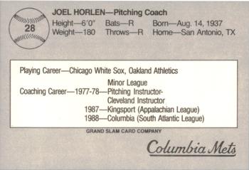 1988 Grand Slam Columbia Mets #28 Joel Horlen Back