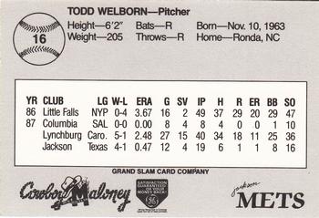 1988 Grand Slam Jackson Mets #16 Todd Welborn Back