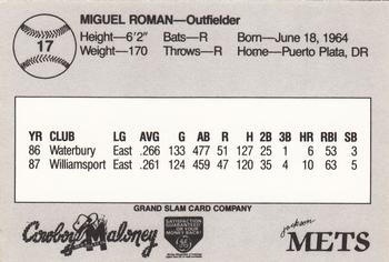 1988 Grand Slam Jackson Mets #17 Miguel Roman Back