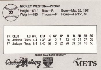 1988 Grand Slam Jackson Mets #22 Mickey Weston Back