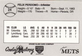 1988 Grand Slam Jackson Mets #24 Felix Perdomo Back