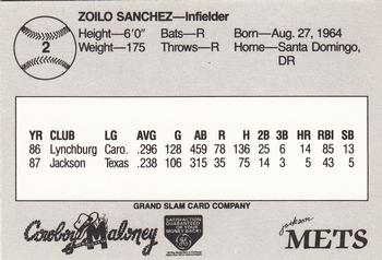 1988 Grand Slam Jackson Mets #2 Zoilo Sanchez Back
