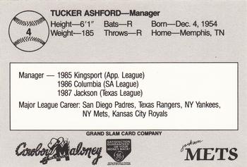 1988 Grand Slam Jackson Mets #4 Tucker Ashford Back