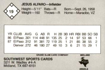 1988 Grand Slam Midland Angels #19 Jesus Alfaro Back