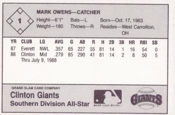 1988 Grand Slam Midwest League All-Stars #1 Mark Owens Back