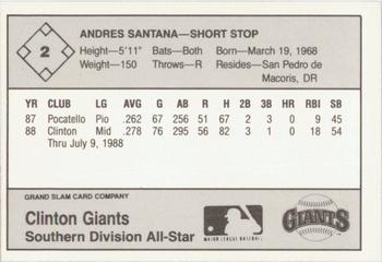 1988 Grand Slam Midwest League All-Stars #2 Andres Santana Back