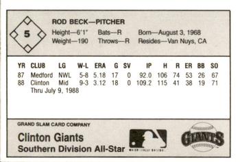 1988 Grand Slam Midwest League All-Stars #5 Rod Beck Back