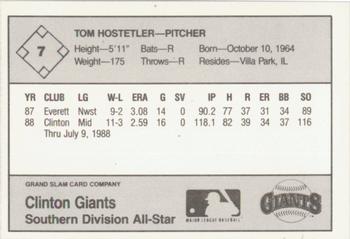 1988 Grand Slam Midwest League All-Stars #7 Tom Hostetler Back
