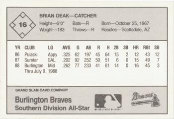 1988 Grand Slam Midwest League All-Stars #16 Brian Deak Back