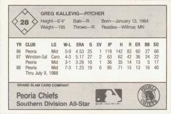 1988 Grand Slam Midwest League All-Stars #28 Greg Kallevig Back