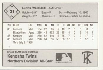 1988 Grand Slam Midwest League All-Stars #31 Lenny Webster Back