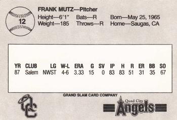 1988 Grand Slam Quad City Angels #12 Frank Mutz Back