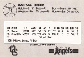 1988 Grand Slam Quad City Angels #14 Bob Rose Back