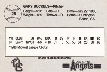 1988 Grand Slam Quad City Angels #28 Gary Buckels Back