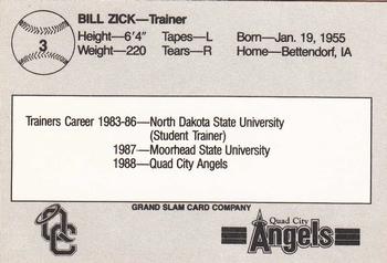 1988 Grand Slam Quad City Angels #3 Bill Zick Back