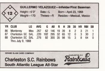 1988 Grand Slam South Atlantic League All-Stars #12 Guillermo Velazquez Back