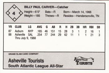 1988 Grand Slam South Atlantic League All-Stars #4 Billy Paul Carver Back