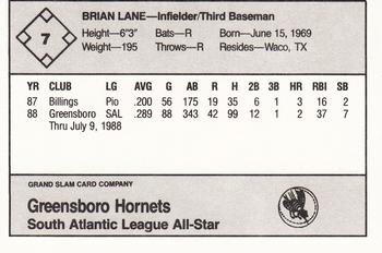 1988 Grand Slam South Atlantic League All-Stars #7 Brian Lane Back
